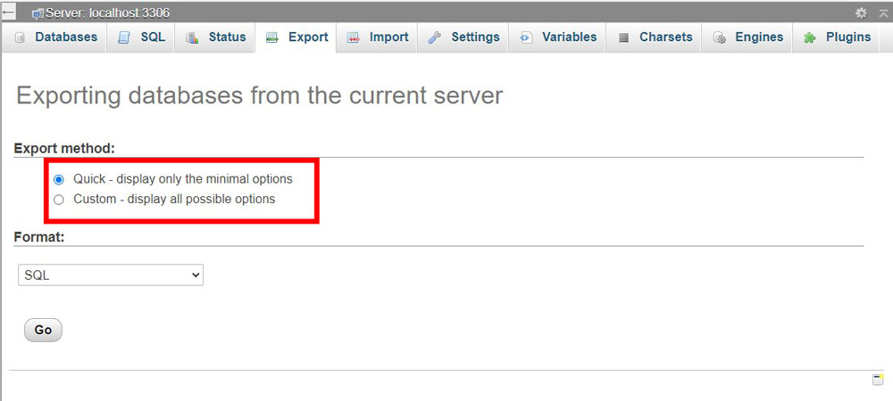 Exporting databases from the current server