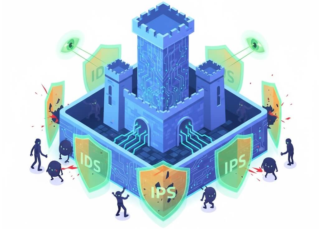 Conceptual image of IDS and IPS: a digital fortress protected against cyber attacks