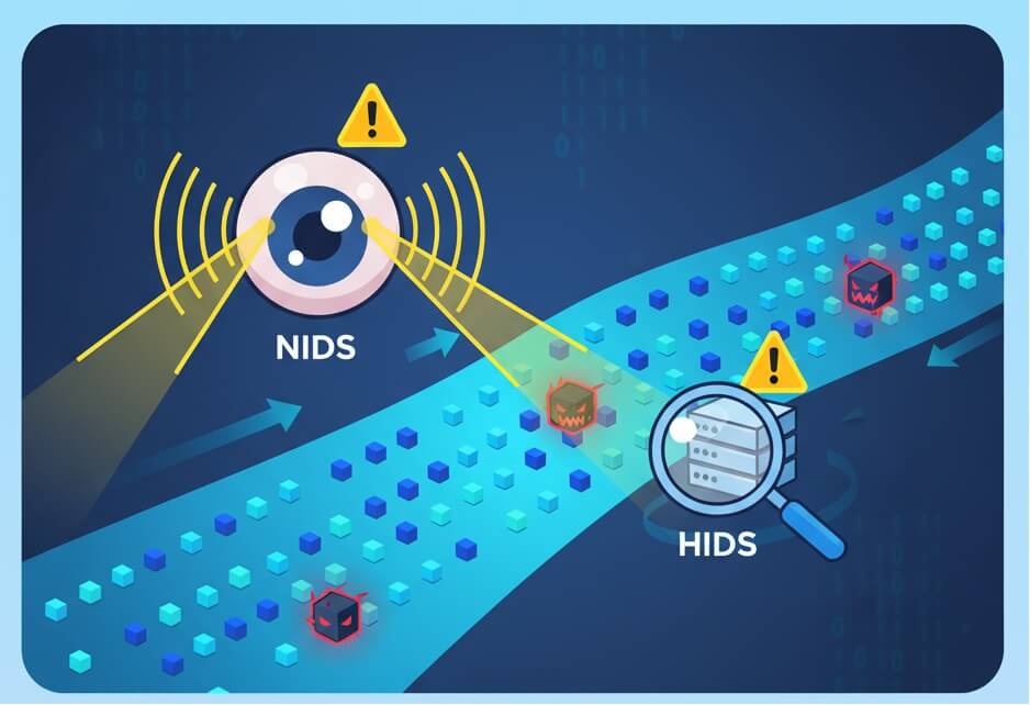 A cartoon diagram of network traffic flow showing the "big eye" symbol (for NIDS) monitoring traffic and a "magnifying glass on a computer" symbol (for HIDS) inspecting internal activities.