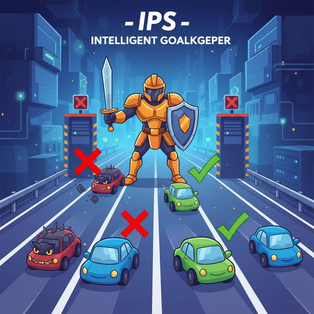 A network traffic flow passes through a gatekeeper (IPS symbol, resembling a red barrier). Some data packets are blocked and pushed out, while authorized packets pass through. Emphasis on being In-Line.