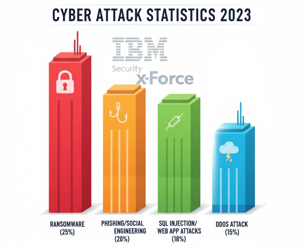 Chart of the share of different types of cyber attacks in 2023 (ransomware, phishing, SQL Injection, DDoS). Attacks related to Web App and DDoS are highlighted with different colors (red/orange).