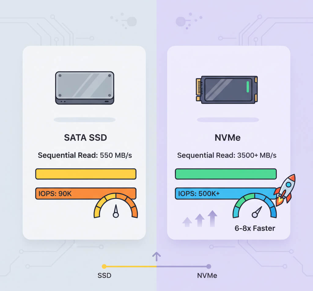 ubuntu-vps-iran-Infographic comparing NVMe and SSD storage speed-IOPS performance