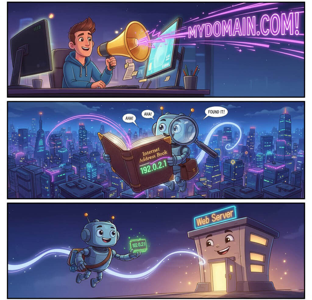 تصویرسازی مفهومی: کاربری که نام دامنه zoip.ir را در مرورگر تایپ میکند. یک مترجم (سرور DNS) این نام را به یک کد IP عددی ترجمه کرده و آن را به سرور مقصد ارسال میکند تا ارتباط برقرار شود. این فرآیند، نقش سیستم نام دامنه (DNS) را در اتصال به سایتها نشان میدهد.