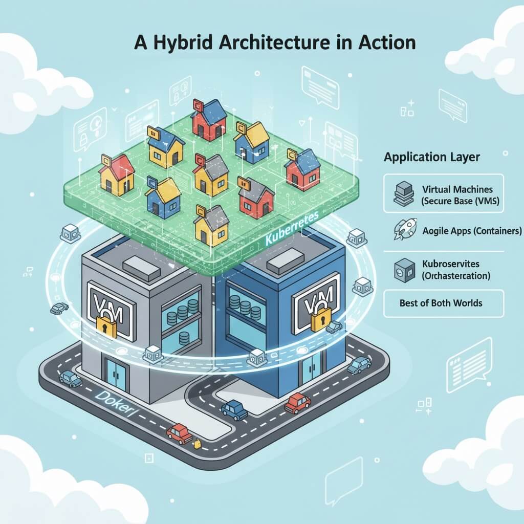 virtualization-vs-containerization-difference-guide-Hybrid Architecture- Containers on VMs