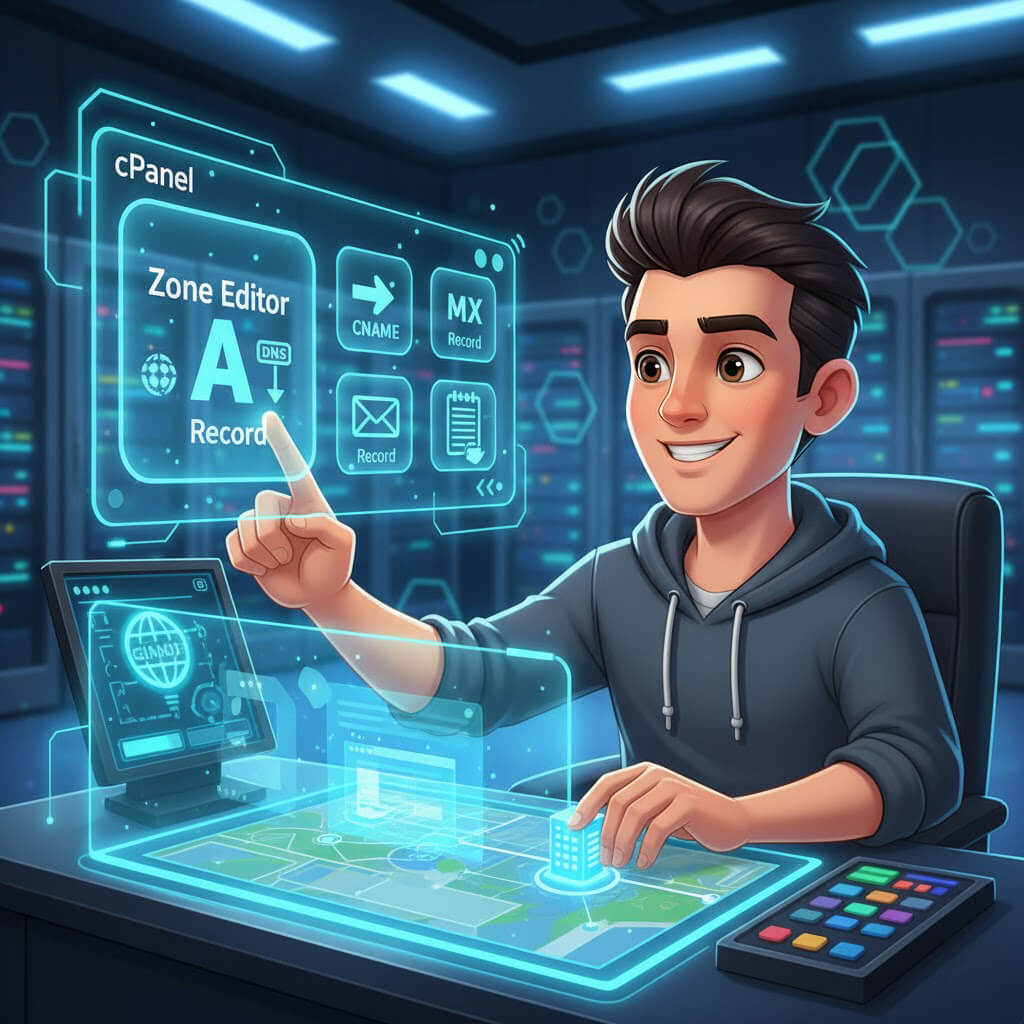 اسکرینشات از پنجره پاپآپ "Add an A Record" در ابزار Zone Editor سیپنل. فیلدهای "Name" (نام) و "Address" (آدرس) با مقادیر نمونه برای اتصال یک زیردامنه به یک آدرس IP مشخص، به درستی پر شدهاند تا کاربر نحوه تکمیل فرم را بیاموزد.