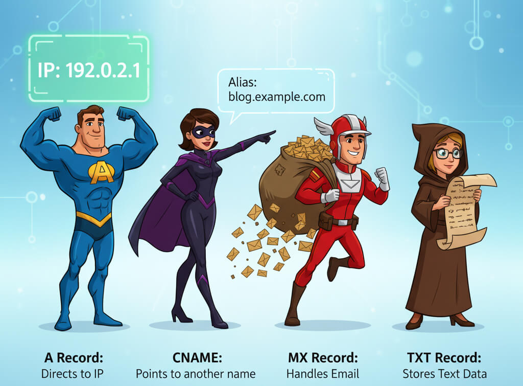 A conceptual cartoon infographic featuring four friendly superhero characters, each representing a different DNS record type: a strong A Record hero holding an IP address, a shadowy CNAME hero pointing to an alias, a mail carrier MX Record hero with a bag of letters, and a wise TXT Record hero holding a verification scroll. Each hero is labeled, standing in a line-up against a bright background.