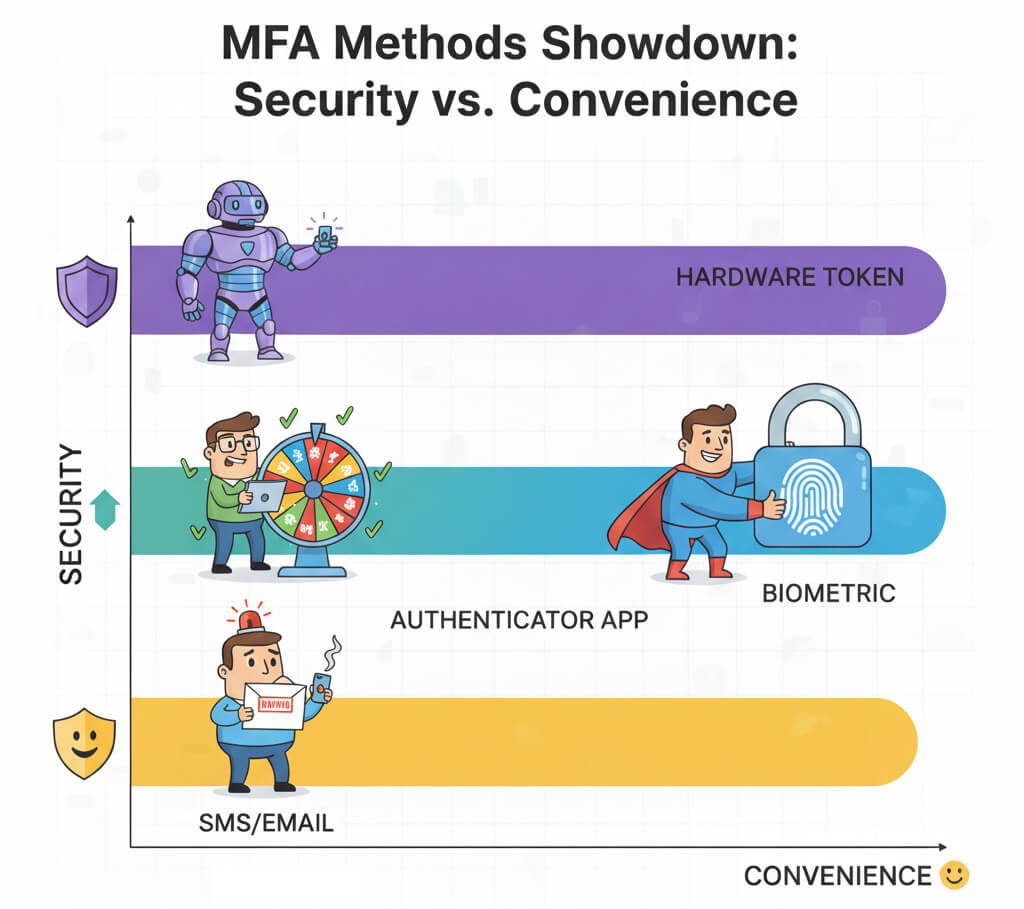A conceptual cartoon bar chart comparing MFA methods. A character with a letter (SMS/Email) is on a short yellow bar. A happy character with a lucky wheel (Authenticator App) is on a medium green bar. A superhero character (Biometric) is on a tall blue bar. A robotic character (Hardware Token) is on the tallest purple bar, illustrating the security-convenience trade-off