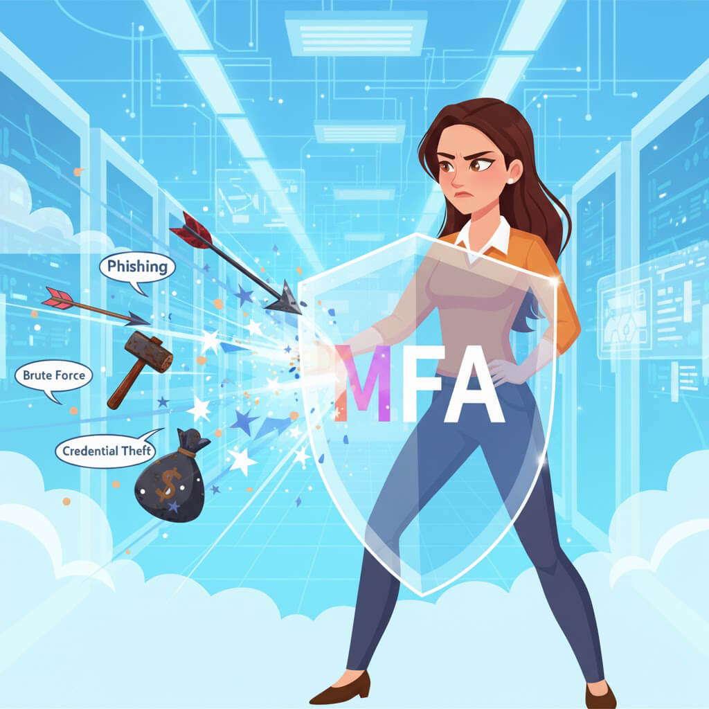 A conceptual cartoon illustration of a confident character standing behind a large digital shield labeled 'MFA'. Cartoonish attacks like a 'Phishing' arrow and a 'Brute Force' hammer are bouncing off the shield harmlessly, symbolizing how MFA blocks common cyber threats."
